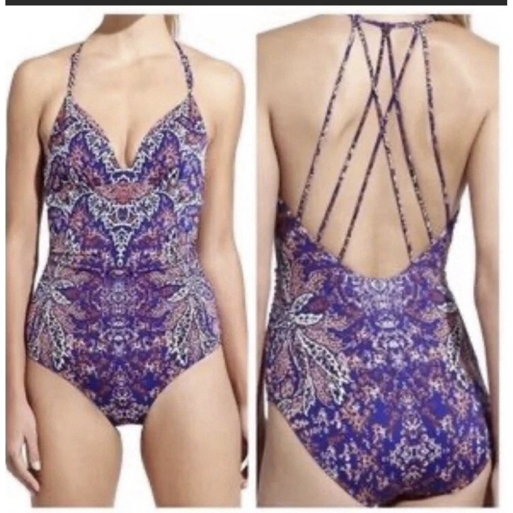 Athleta Aqualuxe Printed One Piece Strappy Bathing Suit Size Small Beach Pool